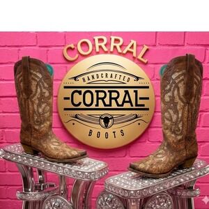🔥Corral🩷💛🤎Gold metallic Glitter Inlay Leather Western Boots Snip Toe 7M